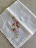 White Hankie Machine Embroidered Pink and Green Flower Pattern 12 Inch