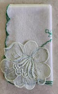 White Green Flower Applique Hankie Set Embroidered Green Flowers 10 Inch