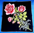 Large Pink Rose & Forget Me Not Floral Handkerchief 14 Inches With Black Background and White Rolled Hems Hand Sewn  Cotton Vintage 50s