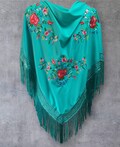 Turquoise blue Spanish flamenco shawl. Multicolored floral embroidery. New.