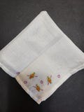 White Hankie Hand Embroidered Purple and Orange Flowers 10 Inch