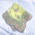 Vintage Flocked Handkerchief, Yellow/Pink Floral Hankie 13"