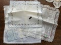 Four (4) Vintage Hankies ~ Blue & White Embroidered Maderia ~ Lily-of-the-Valley ~ Swiss Blue Dot ~ Hand-Tatted Floral Lace Scalloped Edges