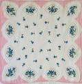 Pink and Blue Hanky from the 60s. Blue Flowers with a Pink Border. Machine stitched edges. Great for Crafting or for Child's Dress-Up Play