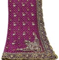 Indian Vintage Heavy Wedding Purple Dupatta Net Mesh Long Stole Hand Embroidered Scarves Golden Zardozi Dabka Zari Veil