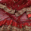 Indian Vintage Heavy Maroon Dupatta Net Mesh Long Stole Hand Embroidered Scarves Golden Zardozi Dabka Zari Sequins