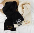 Couples Beanie and Knitted Scarf, Hubby and Wifey Hat, Embroidered Winter Hat, Mr and Mrs Long Chunky Scarf, Bride Gifts 25090601