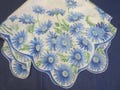 Large Vintage Hanky Shades Of Blue Daisies Scalloped Machine Edge Hanky Handkerchief