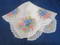 Large Vintage Hanky Blue Flowers and Daisies With Pink Roses Scalloped Machine Edge Semi Sheer Hanky Handkerchief