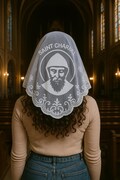 St Charbel White Lace Mantilla – Catholic Chapel Veil, Devotional Head Covering