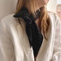 Black silk bow Scarf with rhinestones. Neck Scarf. Narrow Scarf. Black Choker. Black Neck Tie. Black silk bow Scarf.