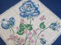 Vintage Hanky Big Blue Roses and Rosebuds With Pink Daisies Machine Edge Semi Sheer Hankie Handkerchief