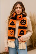 Halloween Scarf, Knit Pumpkin Scarf, Hand Knit Halloween Scarves, Spooky Crochet Scarf Gift for Halloween, Halloween Knit Statement Wrap