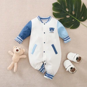 0 18m baby jumpsuit cute baseball suit teddy bear embroidered cotton soft spring and autumn long sleeved newborn clothes