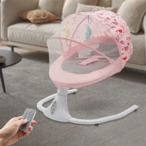 pink electric baby rocking chair with mosquito net remote controller for 0 18 months age with a weight of less than 39.68 pounds
