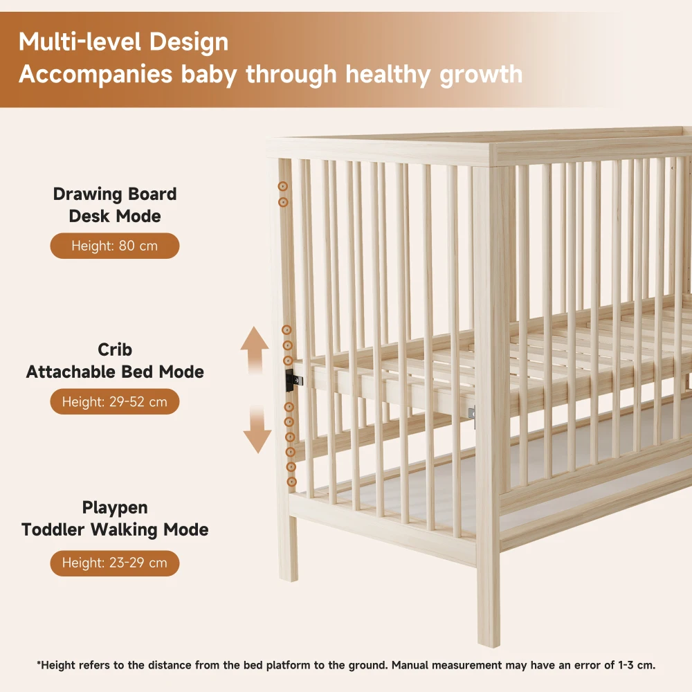 140x60x90cm wooden baby cot, convertible into an extra bed / painting board rack / desk, height adjustable, no mattress, spruce 140x60x90cm wooden baby cot, convertible into an extra bed / painting board rack / desk, height adjustable, no mattress, spruce