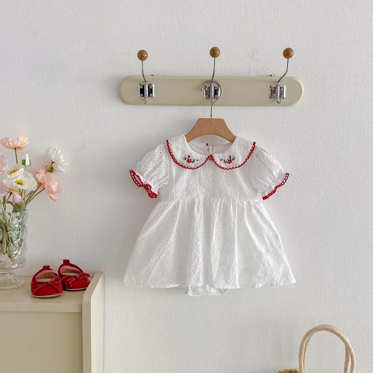2026 summer 0 2y baby girl clothes white floral embroidery jumpsuit red lace trim decoration toddler dress 2026 summer 0 2y baby girl clothes white floral embroidery jumpsuit red lace trim decoration toddler dress