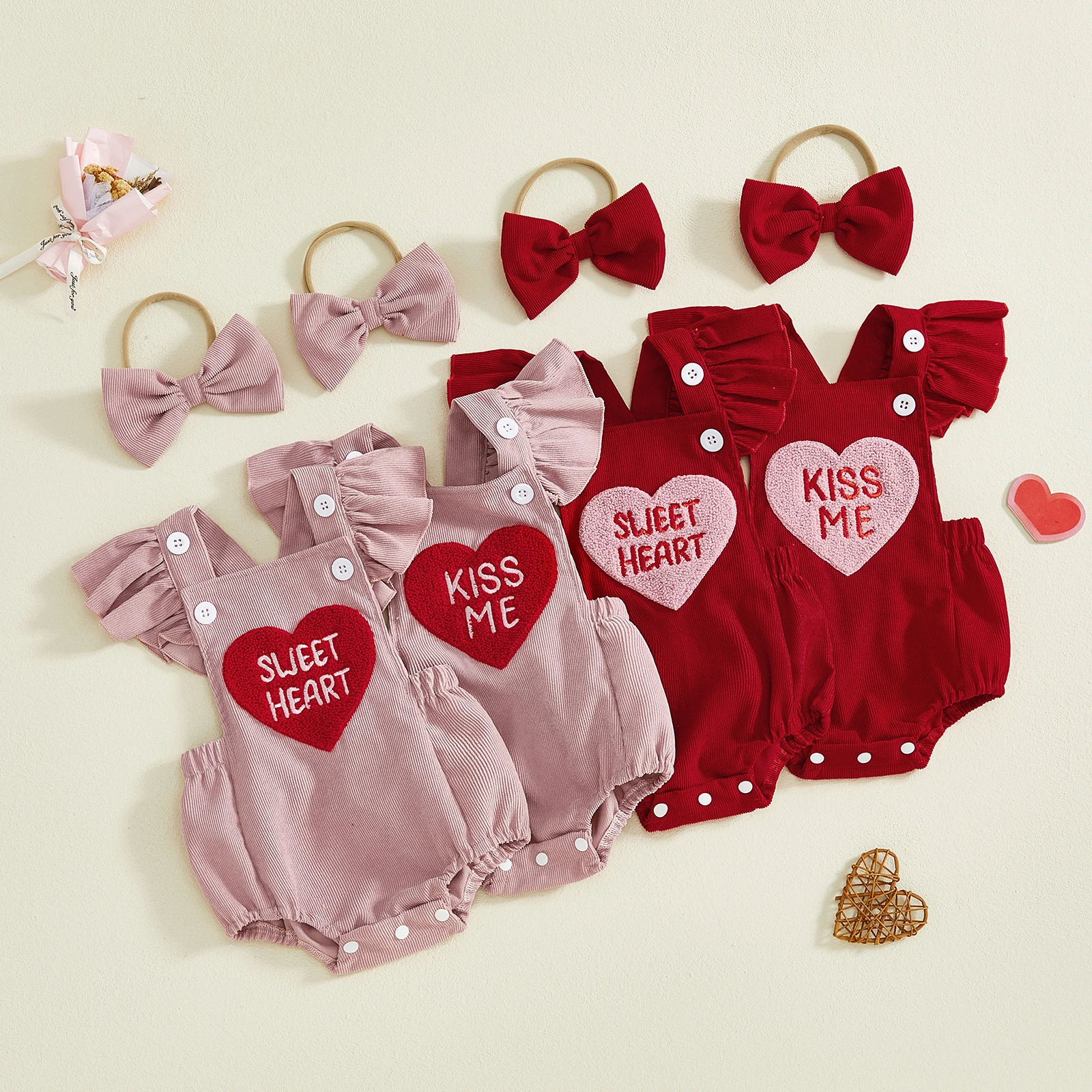 baby girl valentines outfit letter love heart embroidered ruffled trim flying sleeve romper and bow headband 2 pcs set baby girl valentines outfit letter love heart embroidered ruffled trim flying sleeve romper and bow headband 2 pcs set