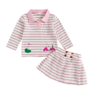 girls 2 piece autumn ensemble with embroidered lapel collar top and pleated skirt stylish golf attire for toddlers