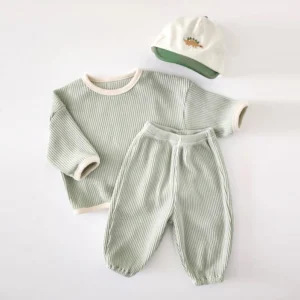 korean style children clothes suit waffle pullover+pants baby boys girls clothing set spring autumn kids clothes suit