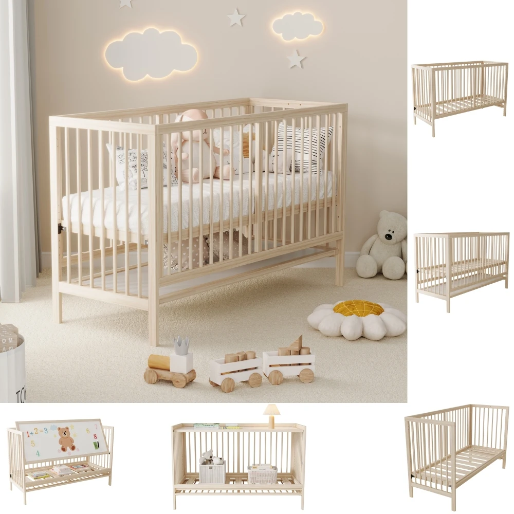 140x60x90cm wooden baby cot, convertible into an extra bed / painting board rack / desk, height adjustable, no mattress, spruce 140x60x90cm wooden baby cot, convertible into an extra bed / painting board rack / desk, height adjustable, no mattress, spruce