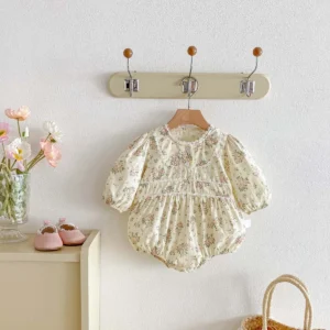 2026 spring 0 2y baby girl clothes floral patterned long sleeved bodysuit lace trimmed thin swaddle one piece for girls