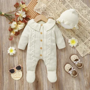 newborn baby romper knitted infant boy girl jumpsuit outfits long sleeve autumn kid clothes hat 2pcs 0 9m overalls fashion solid