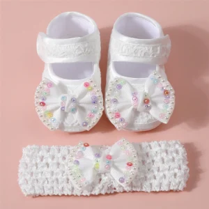 infant girls christening shoes and headband sparkly bow mary jane flats with matching hair accessory set