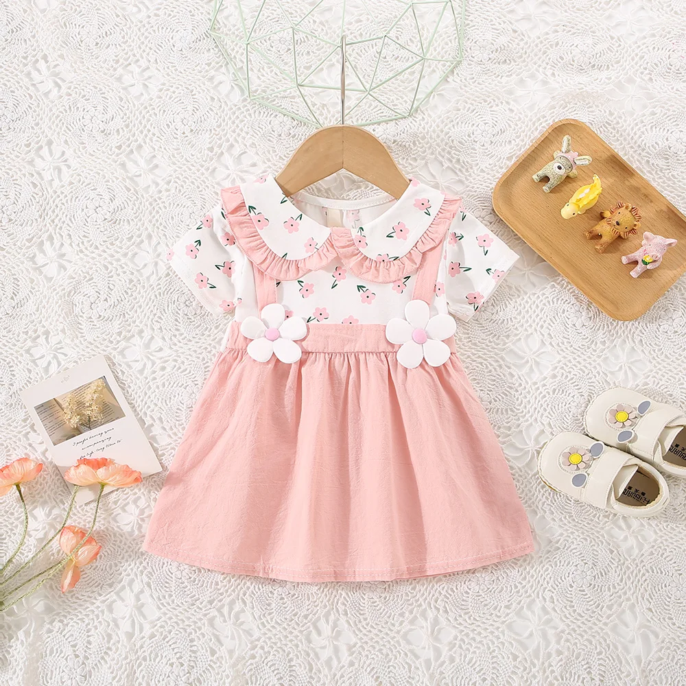 (0 3 years old) summer baby girl cotton flower fake two piece shoulder strap dress girl cute short sleeved dress (0 3 years old) summer baby girl cotton flower fake two piece shoulder strap dress girl cute short sleeved dress