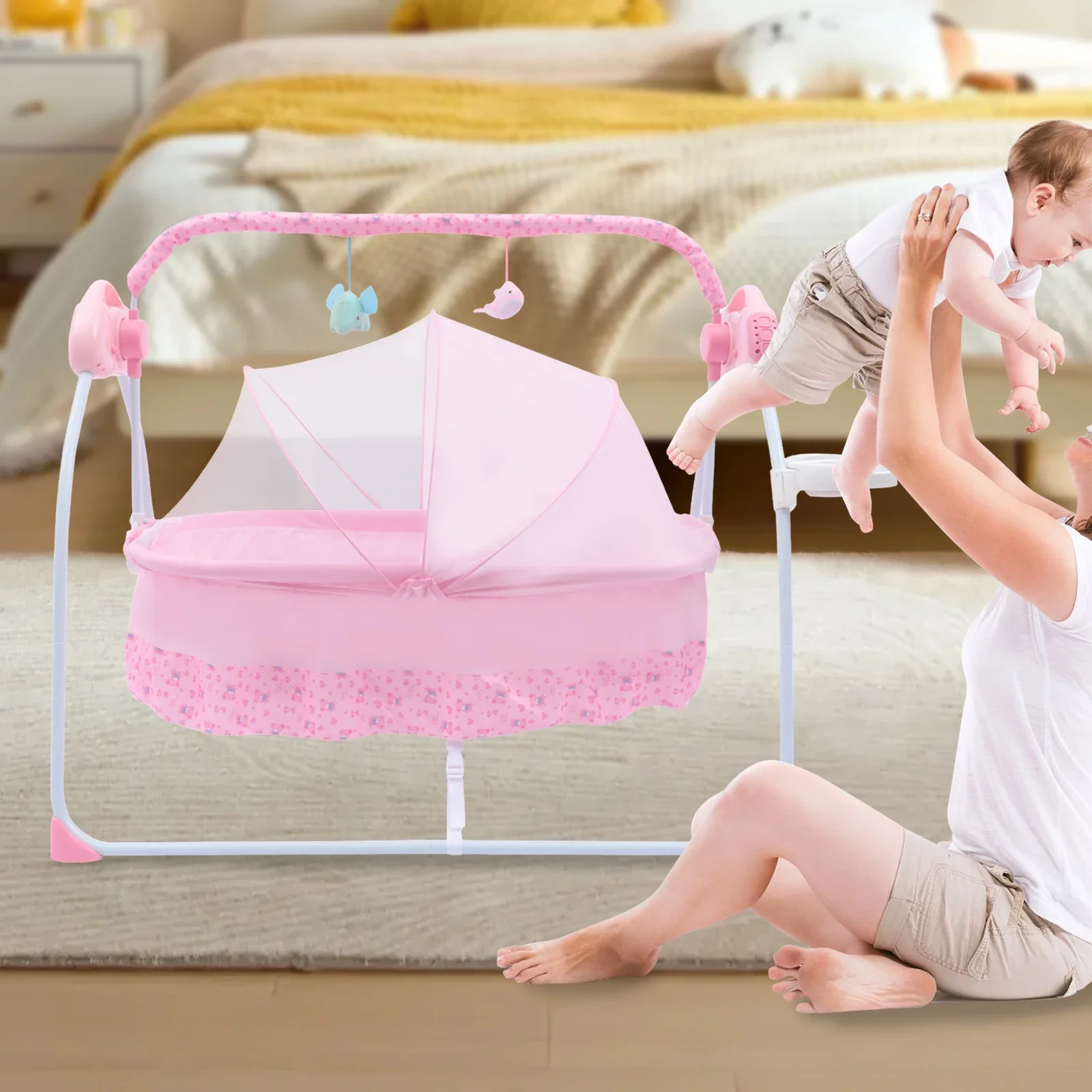 electric baby crib cradle, 0 18 monthsinfant bed auto swing with music, 25kg/55lbs capacity, foldable baby bassinet, pink electric baby crib cradle, 0 18 monthsinfant bed auto swing with music, 25kg/55lbs capacity, foldable baby bassinet, pink