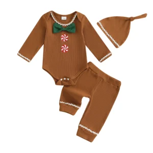 newborn baby 3 piece set long sleeve round neck santa claus bow romper hat elastic waist pants christmas outfit